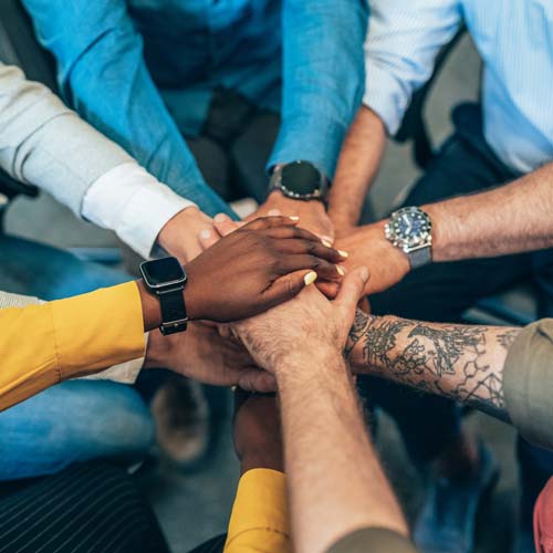 Trabajo en equipo-500 Mental Health Coaches joining hands as a successful team.